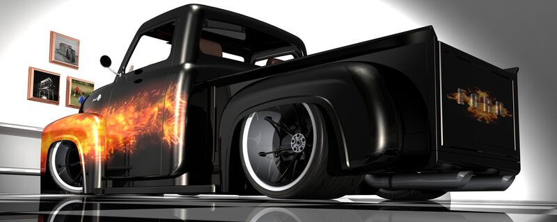 Custom flame-painted pickup truck