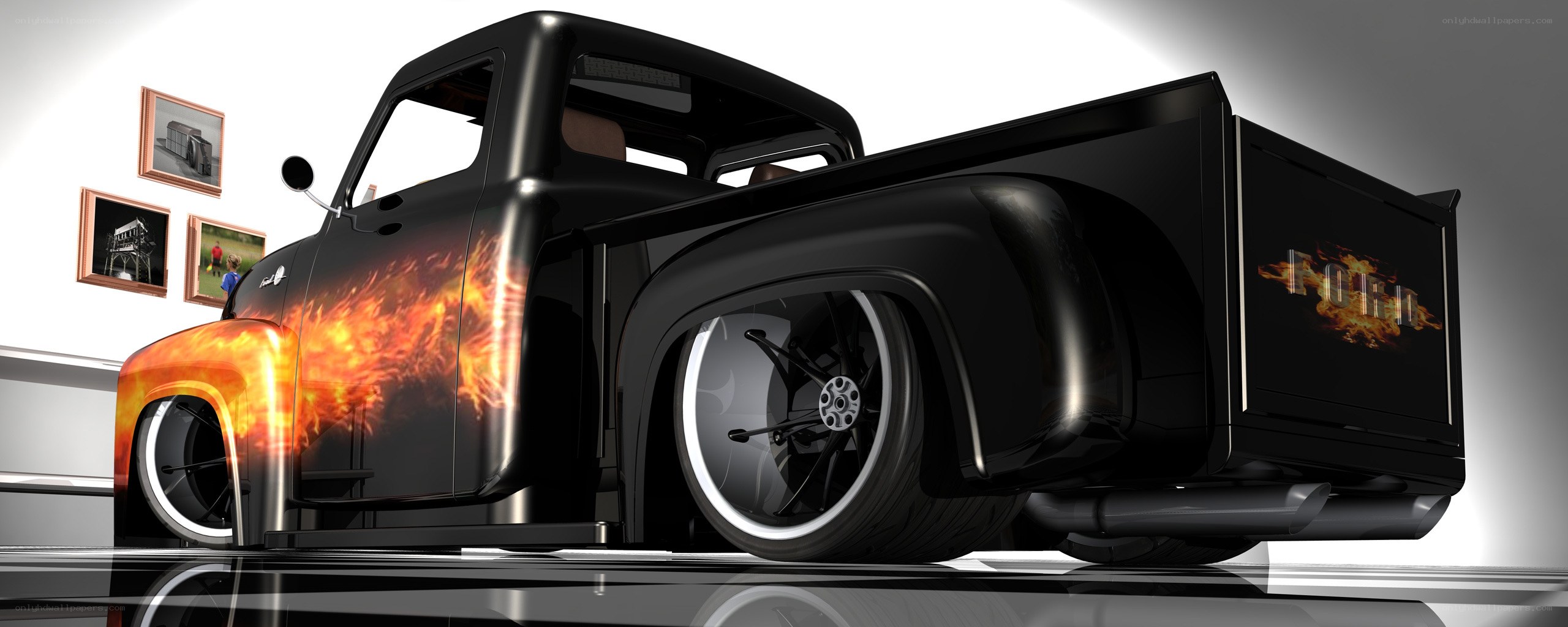 Custom flame-painted pickup truck