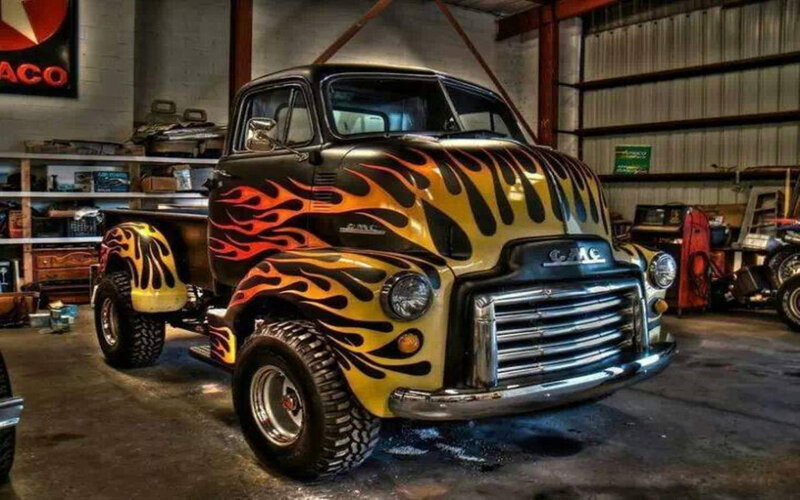 Custom Flame-painted Truck — Black, Dramatic, Photograph