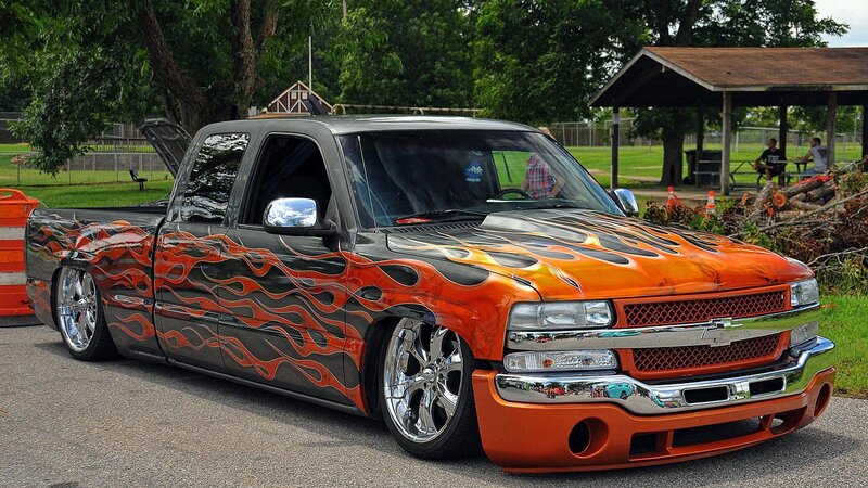 Custom Flame-painted Truck — Orange, Calm, Afternoon
