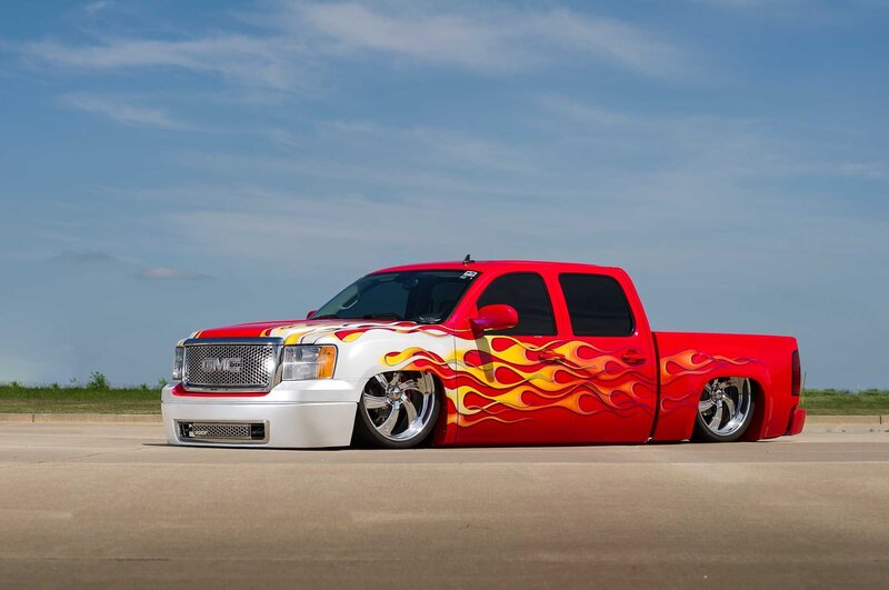 Custom Flame-painted Truck — Red, Dramatic, Afternoon, Photograph