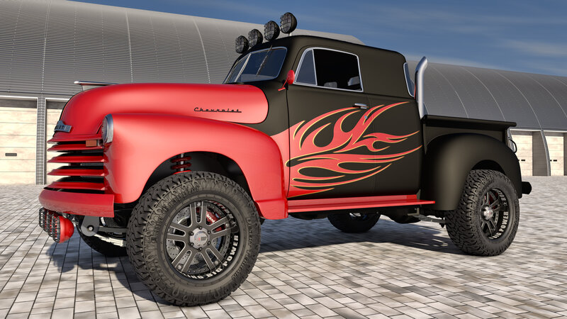 Custom Flame-painted Truck — Red, Dramatic, Afternoon