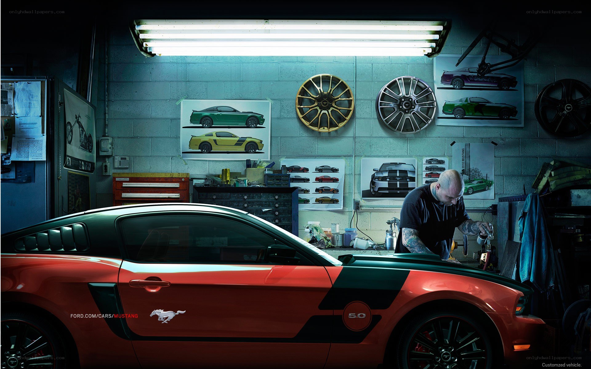 Custom Ford Mustang in a garage
