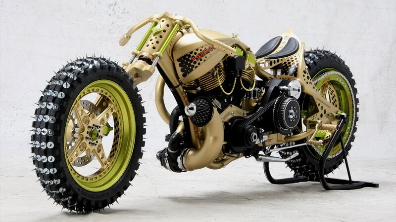 Custom Gold Motorcycle — Mechanical, Photograph, Spiked Tires