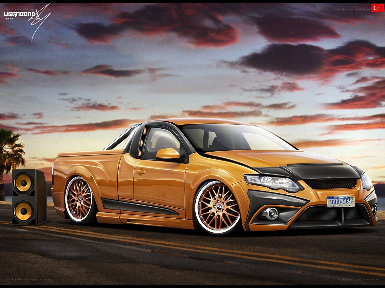 Custom gold pickup truck at sunset