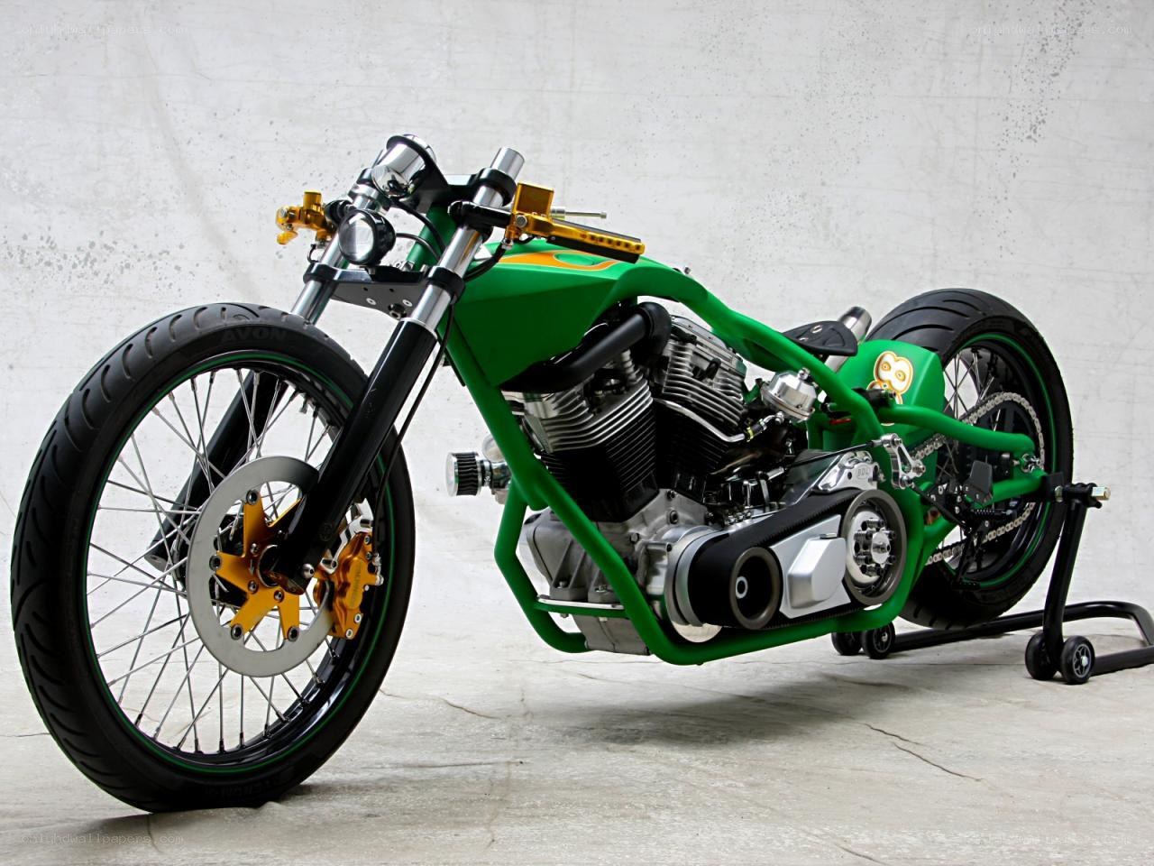 Custom green chopper motorcycle