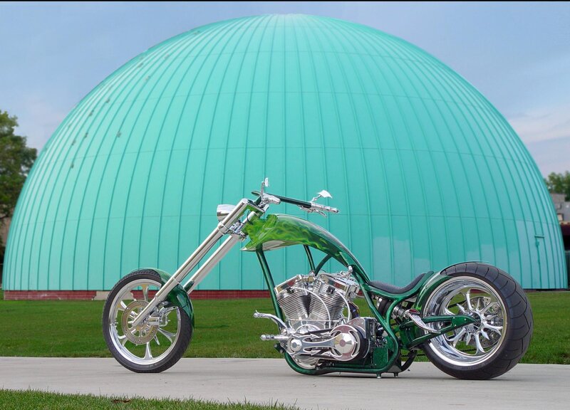 Custom Green Chopper Motorcycle — Calm, Afternoon