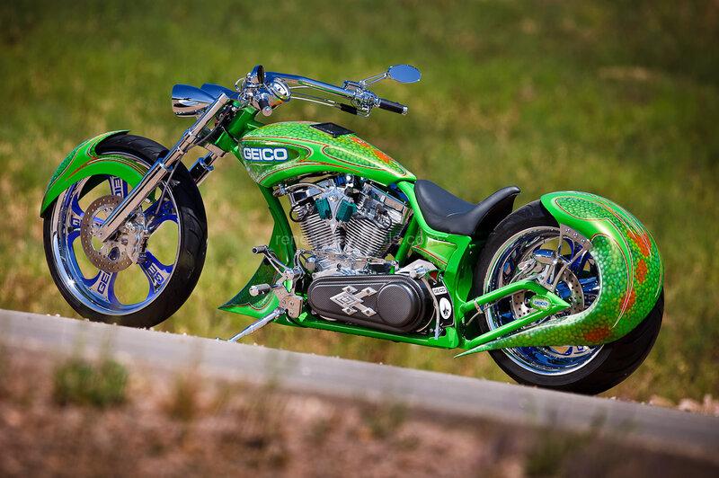 Custom Green Chopper Motorcycle — Dramatic, Afternoon