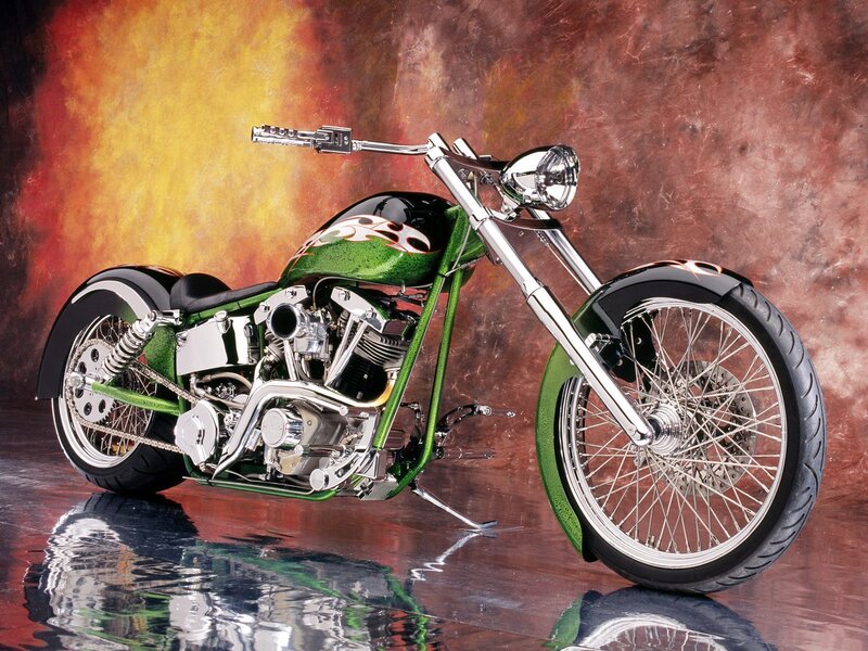 Custom Green Chopper Motorcycle — Dramatic, Photograph, Chrome Engine
