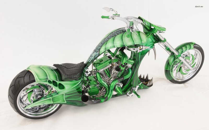 Custom Green Chopper Motorcycle — Dramatic, Photograph, Seat, Engine