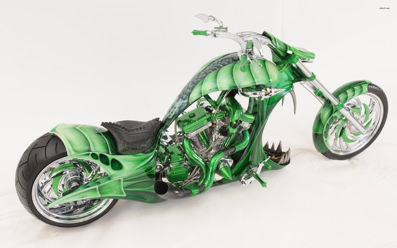 Custom Green Chopper Motorcycle — Dramatic, Photograph, Seat