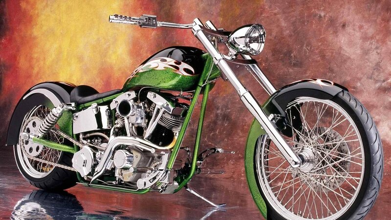 Custom Green Chopper Motorcycle — Dramatic, Photograph