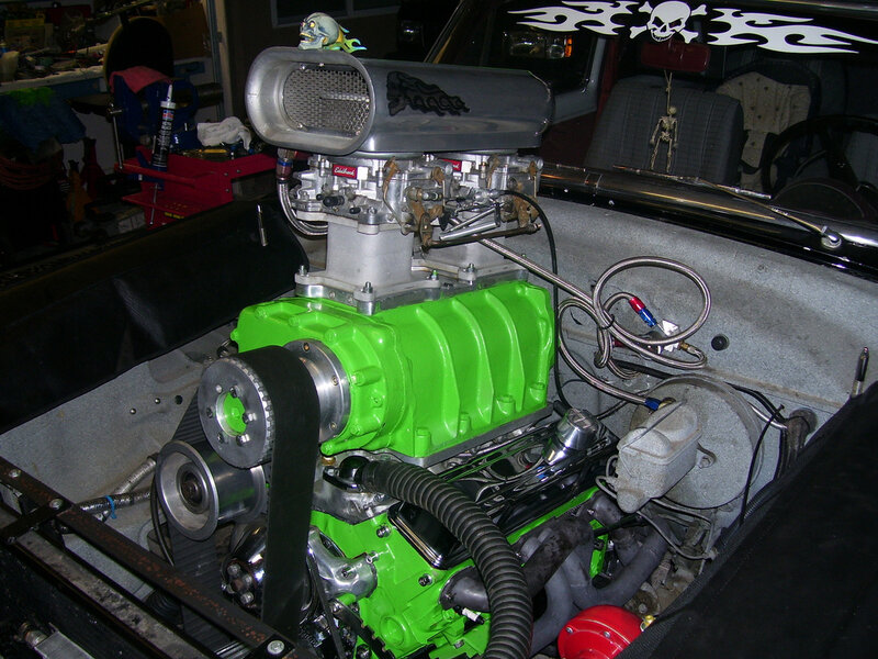custom green engine in car