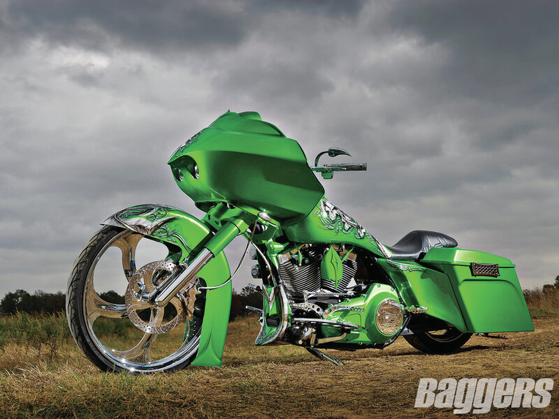 Custom Green Motorcycle — Dramatic, Afternoon, Photograph, Grass Field