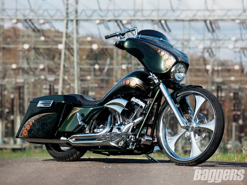 Custom Green Motorcycle — Dramatic, Afternoon, Photograph, Saddlebags