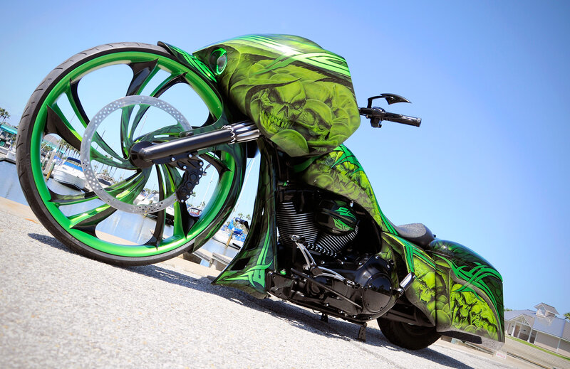 Custom Green Motorcycle — Dramatic, Afternoon, Photograph, Skulls