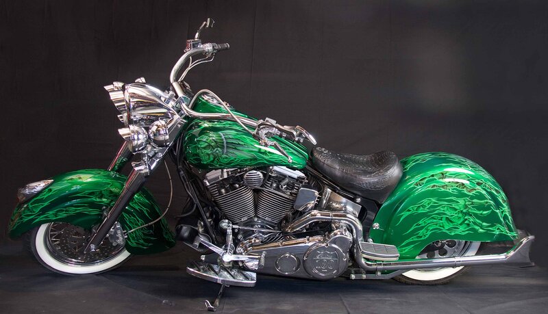 Custom Green Motorcycle — Dramatic, Photograph, Chrome