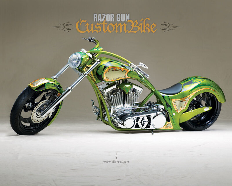Custom Green Motorcycle — Dramatic, Photograph, Headlight
