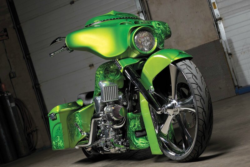 Custom Green Motorcycle — Dramatic, Photograph, Skull Design
