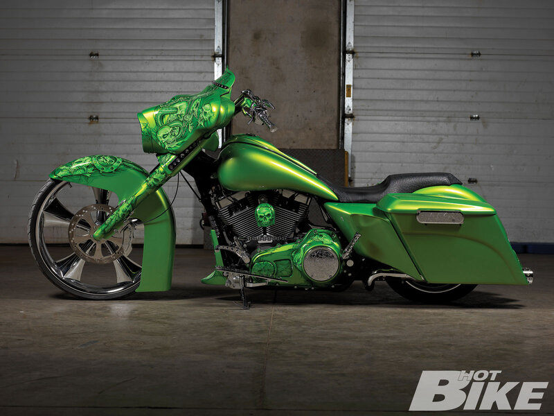 Custom Green Motorcycle — Dramatic, Photograph, Skulls