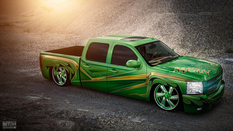 Custom Green Pickup Truck — Dramatic, Sunset, Digital Art