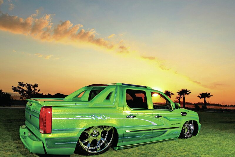 Custom Green Pickup Truck — Dramatic, Sunset, Photograph