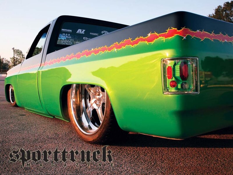 Custom Green Pickup Truck — Dramatic, Sunset, Photograph, Wheel