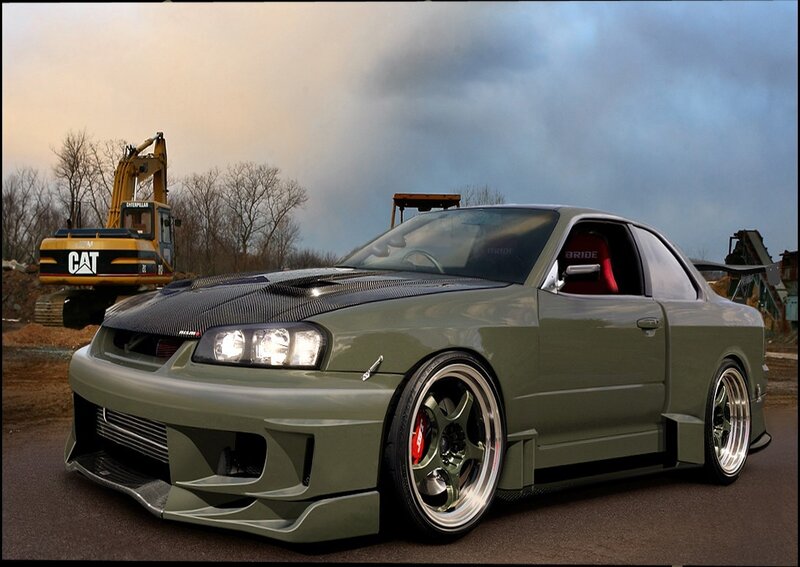 Custom green sports car at construction site