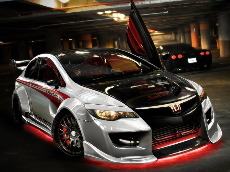 custom honda civic in parking garage