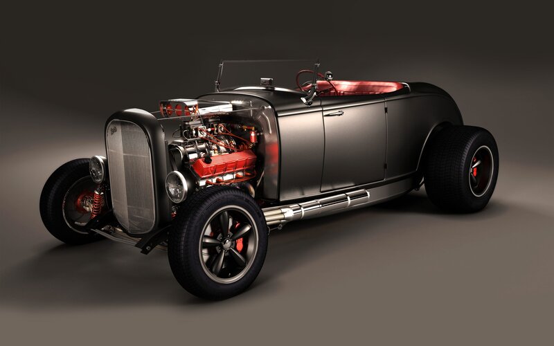 Custom Hot Rod Car — Black, Dramatic, 3d Render, Engine