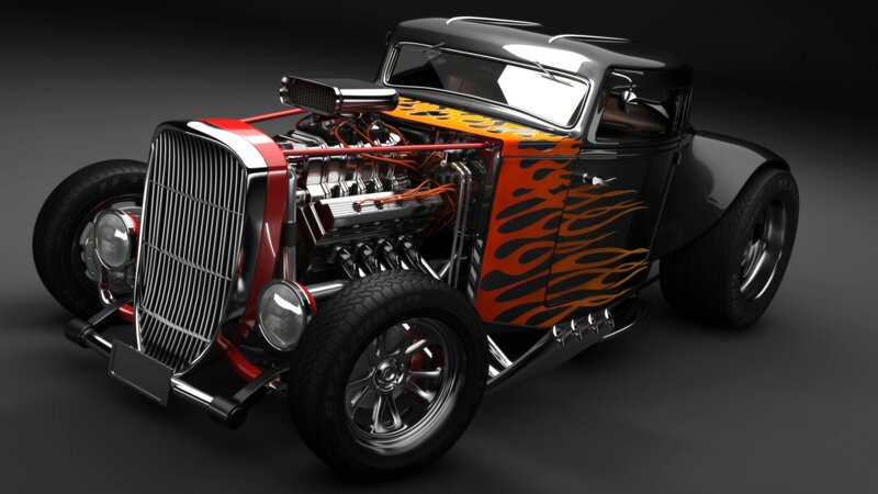 Custom Hot Rod Car — Black, Dramatic, 3d Render, Flame Decals