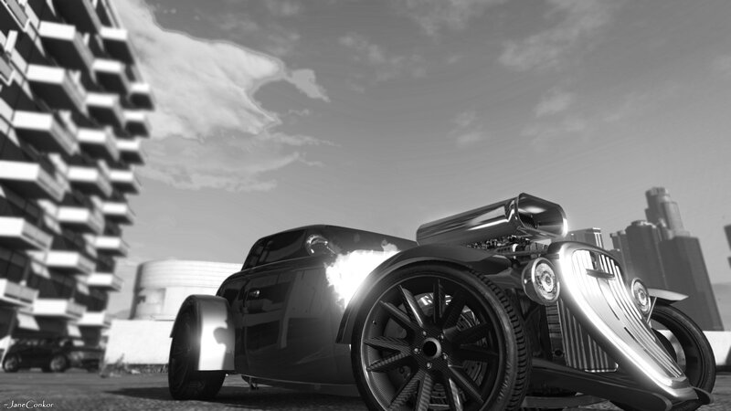 Custom Hot Rod Car — Black, Dramatic, Afternoon, 3d Render, City Skyline