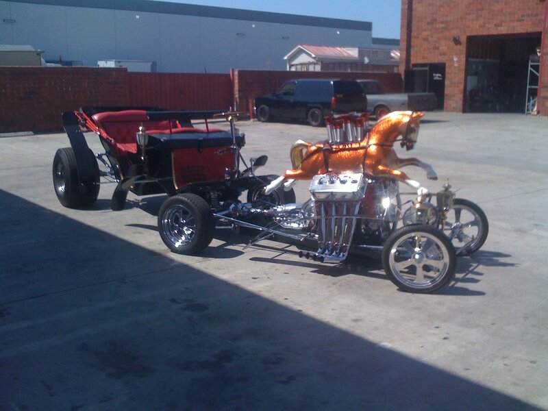 Custom Hot Rod Car — Black, Dramatic, Afternoon, Photograph, Horse Figure