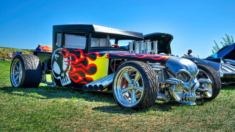 Custom Hot Rod Car — Black, Dramatic, Afternoon, Photograph, Skull Design