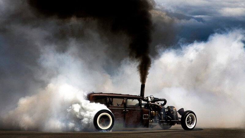 Custom Hot Rod Car — Black, Dramatic, Afternoon, Photograph, Smoke, Exhaust Pipe