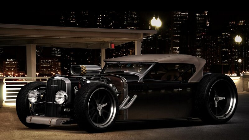 Custom Hot Rod Car — Black, Dramatic, Night, 3d Render