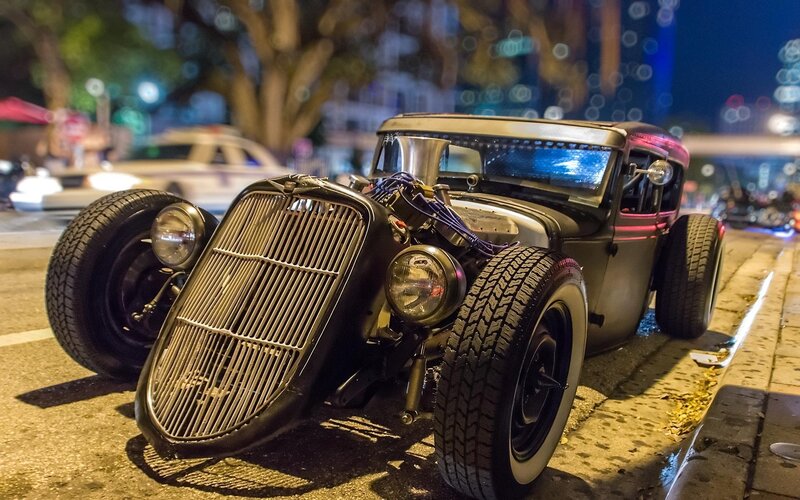 Custom Hot Rod Car — Black, Dramatic, Night, Photograph, Street