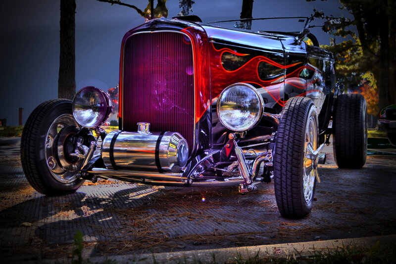 Custom Hot Rod Car — Black, Dramatic, Night