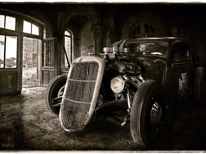 Custom Hot Rod Car — Black, Dramatic, Photograph, Abandoned Building