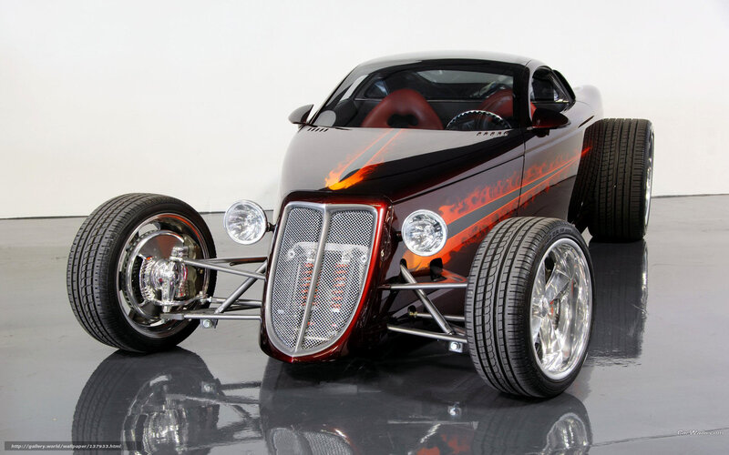 Custom Hot Rod Car — Black, Dramatic, Photograph, Flame Design, Chrome Wheels
