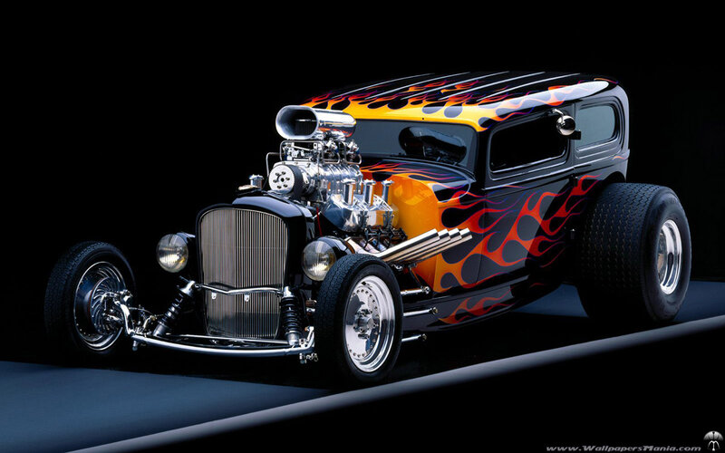 Custom Hot Rod Car — Black, Dramatic, Photograph, Flame Design