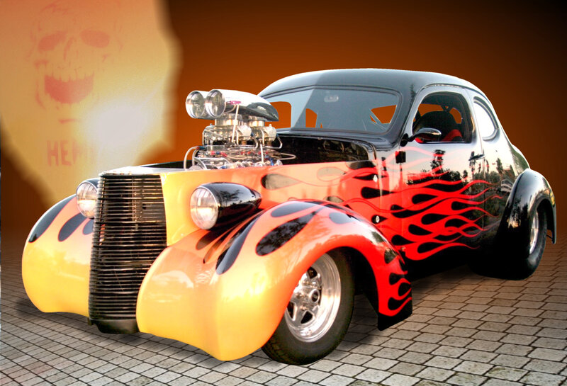 Custom Hot Rod Car — Black, Dramatic, Photograph, Flame Paint, Exposed Engine