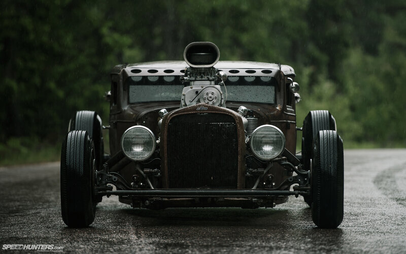 Custom Hot Rod Car — Black, Dramatic, Photograph, Rain