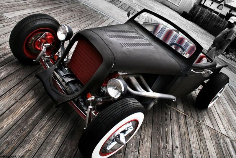 Custom Hot Rod Car — Black, Dramatic, Photograph, Wooden Deck