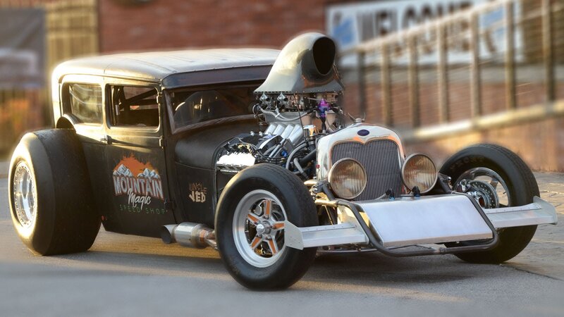 Custom Hot Rod Car — Black, Dramatic, Sunset, Photograph, Engine