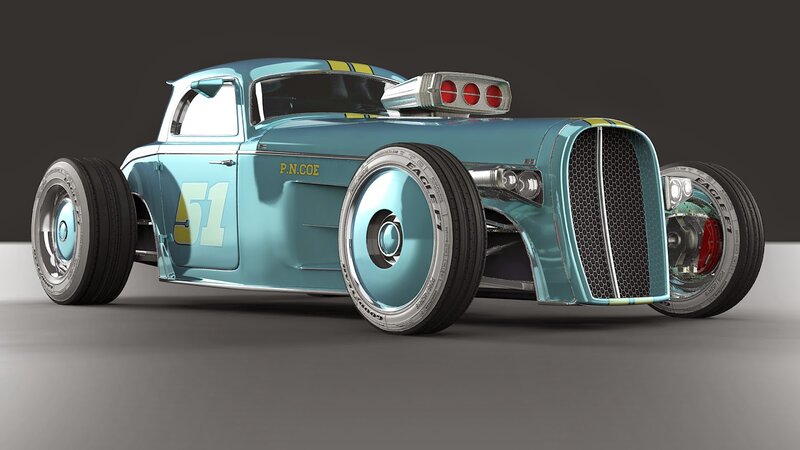 Custom Hot Rod Car — Blue, Dramatic, 3d Render