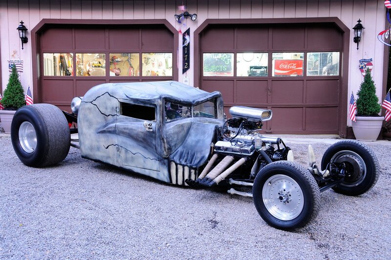 Custom Hot Rod Car — Gray, Dramatic, Afternoon, Photograph, Garage
