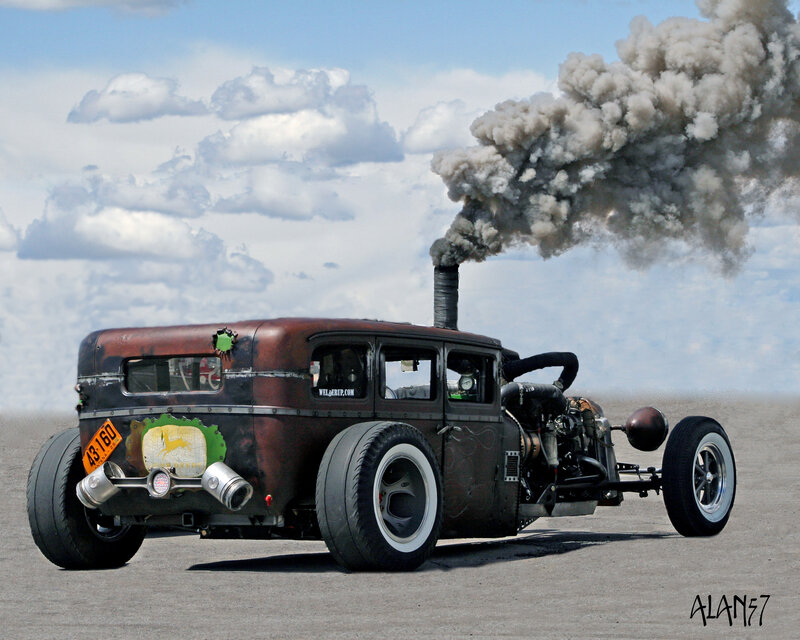 Custom Hot Rod Car — Gray, Dramatic, Afternoon, Photograph, Smoke