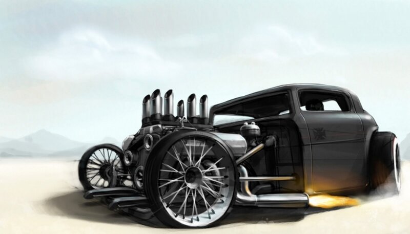 Custom Hot Rod Car — Gray, Dramatic, Digital Art