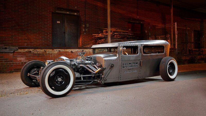 Custom Hot Rod Car — Gray, Dramatic, Night, Photograph, Brick Wall